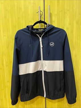 Hollister Navy & Black Hooded Windbreaker Jacket with White Panel